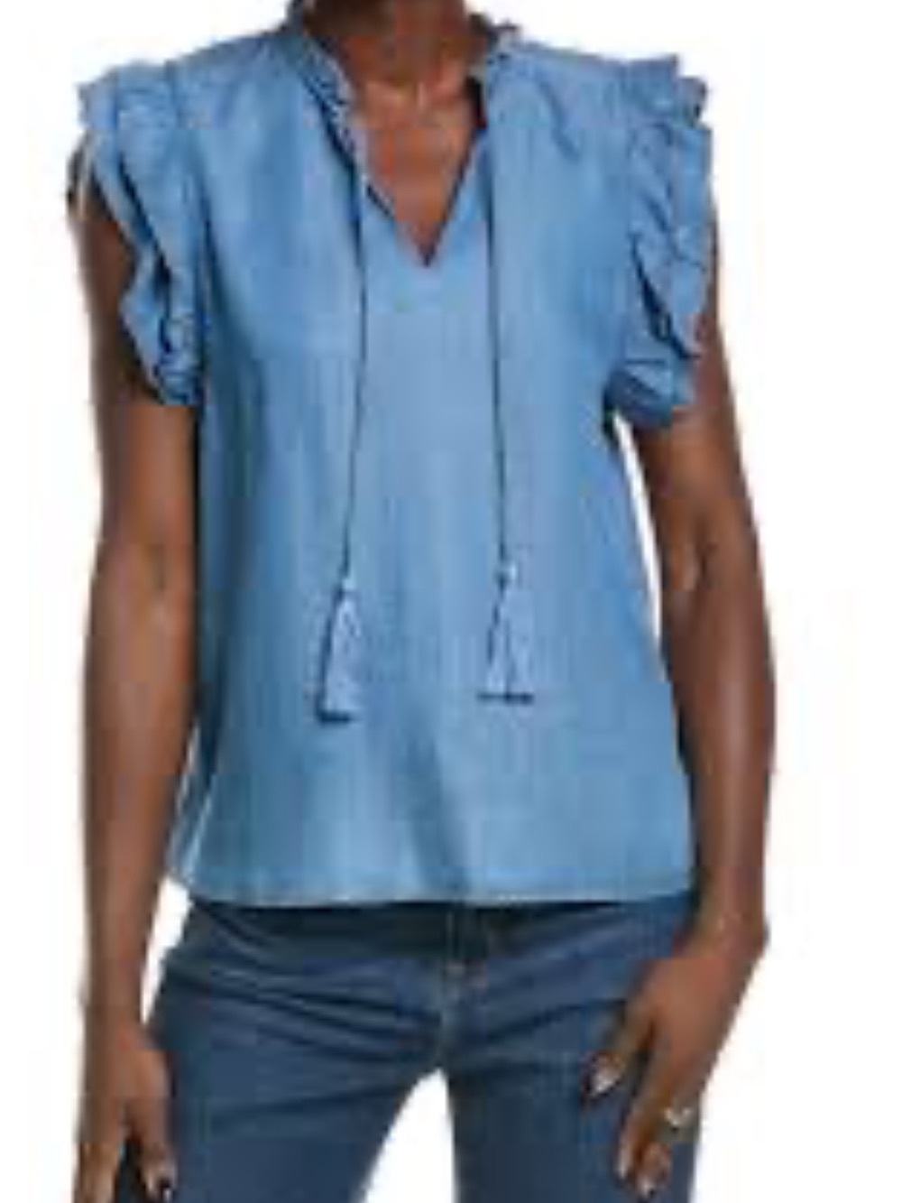 Nanette Lepore Light Blue Denim Tassel Tie Ruffle Sleeve Top 🆕